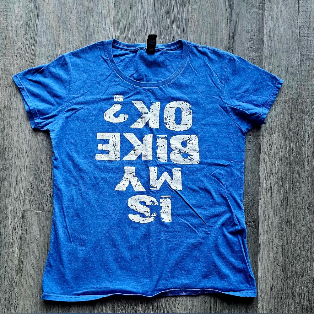 Boys Size M Is My Bike Ok Upside Down Vibrant Blue Graphic T-Shirt